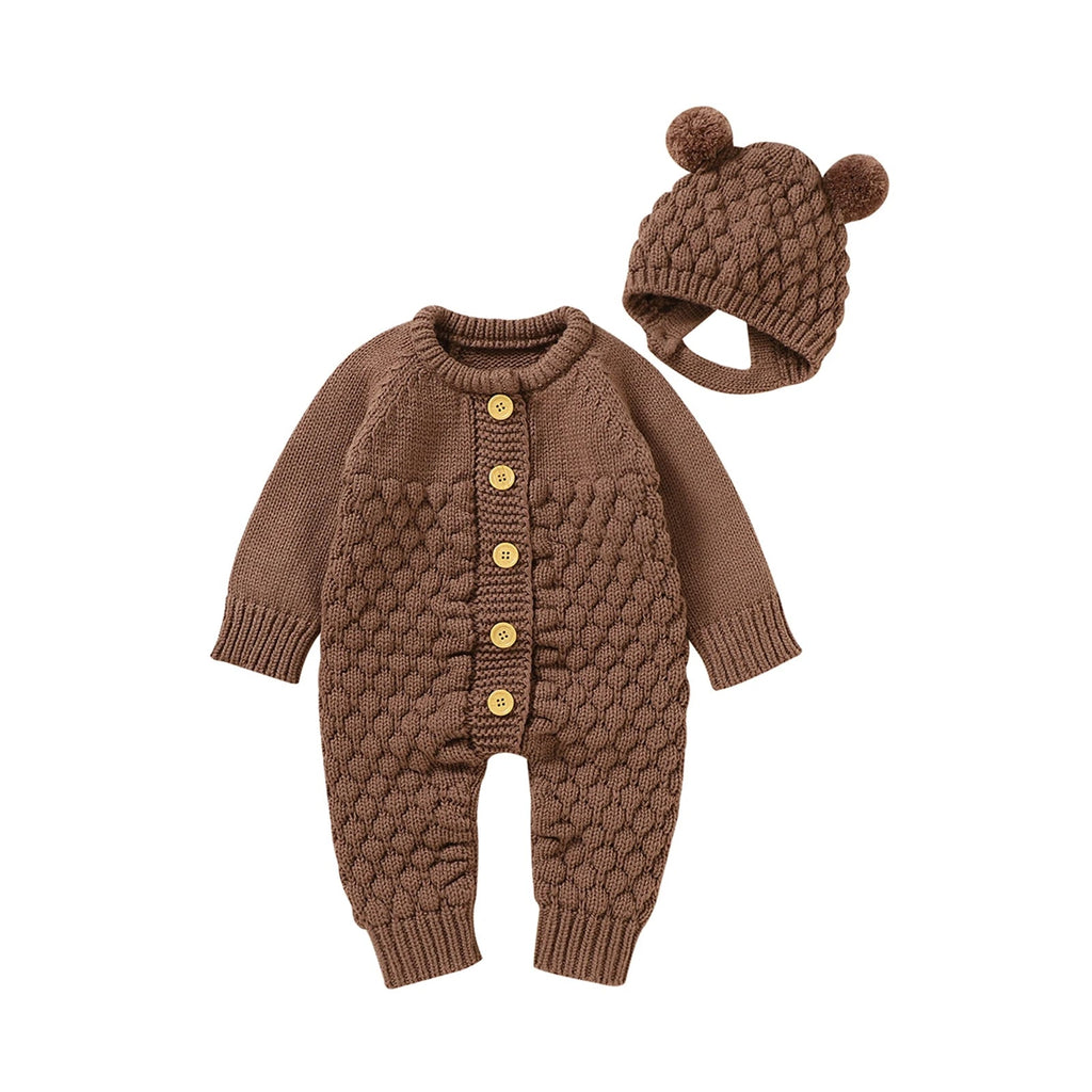 Infant Knitted Jumpsuit with Bear Hat-MamaToddler-Coffee-3 Months-Mama Toddler