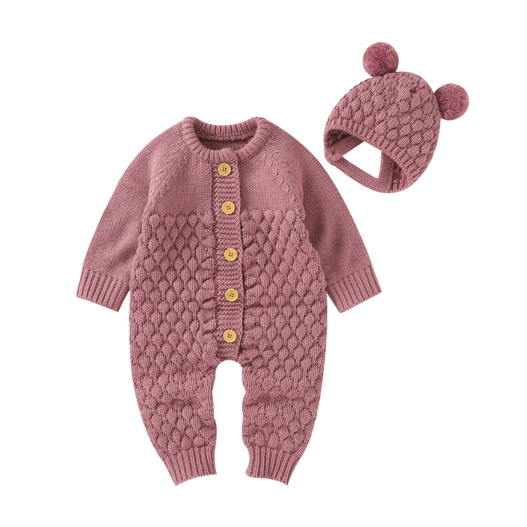 Infant Knitted Jumpsuit with Bear Hat-MamaToddler-Pink-3 Months-Mama Toddler