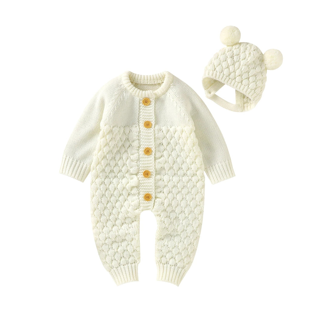 Infant Knitted Jumpsuit with Bear Hat-MamaToddler-White-3 Months-Mama Toddler