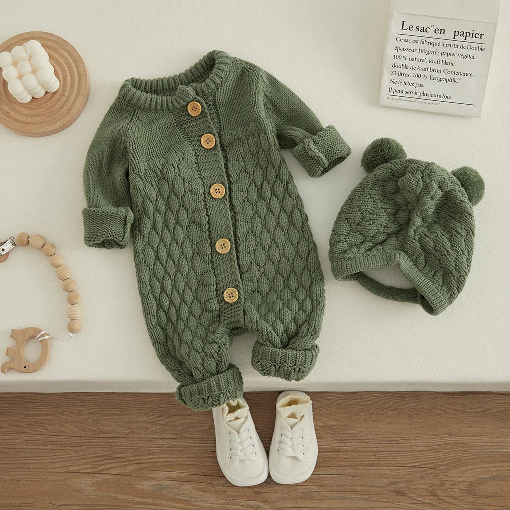 Infant Knitted Jumpsuit with Bear Hat-MamaToddler-Green-3 Months-Mama Toddler