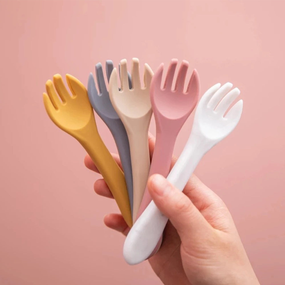 Soft Silicone Kids Feeding Fork Spoon - 2 Pieces Set-Mama Toddler-White-Mama Toddler