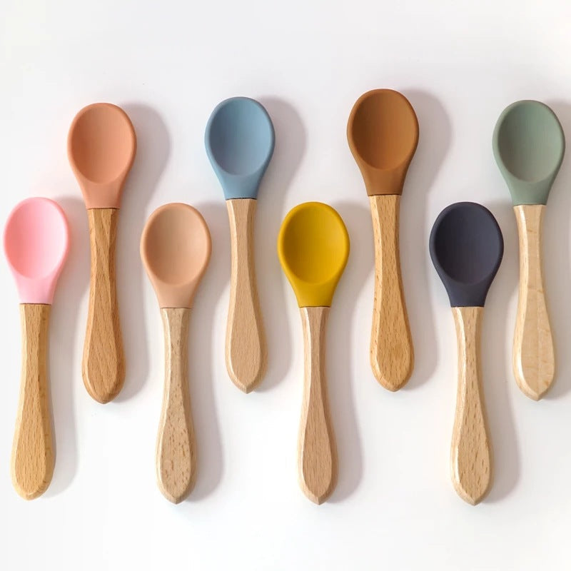 Baby Feeding Wooden Handle Silicone Spoon & Suction Bowl-Mama Toddler-Pink Spoon-Mama Toddler