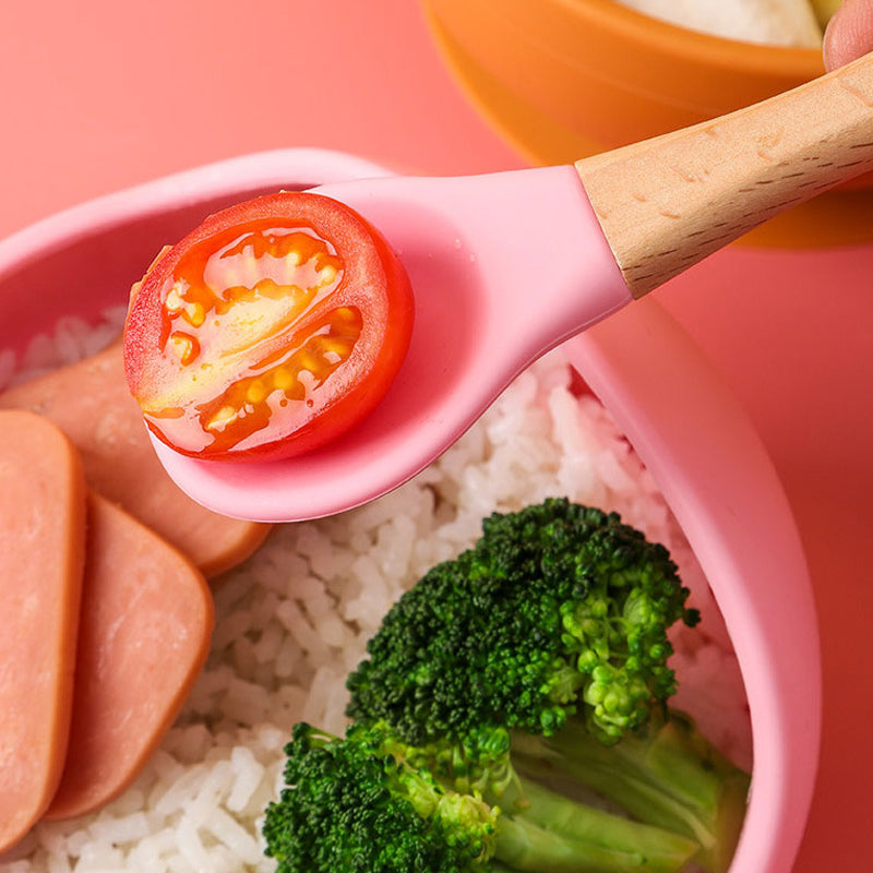 Baby Feeding Wooden Handle Silicone Spoon & Suction Bowl-Mama Toddler-Pink Spoon-Mama Toddler