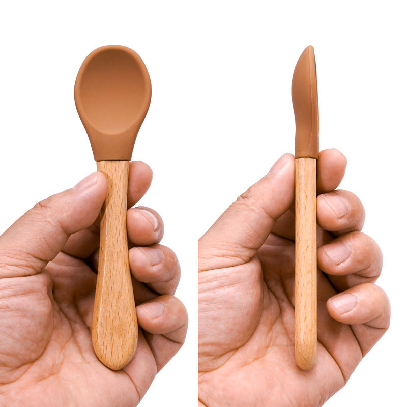 Baby Feeding Wooden Handle Silicone Spoon & Suction Bowl-Mama Toddler-Pink Spoon-Mama Toddler
