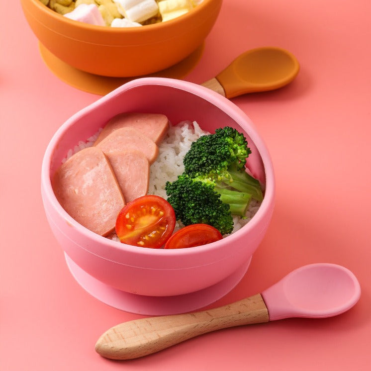 Baby Feeding Wooden Handle Silicone Spoon & Suction Bowl-Mama Toddler-Pink Spoon-Mama Toddler