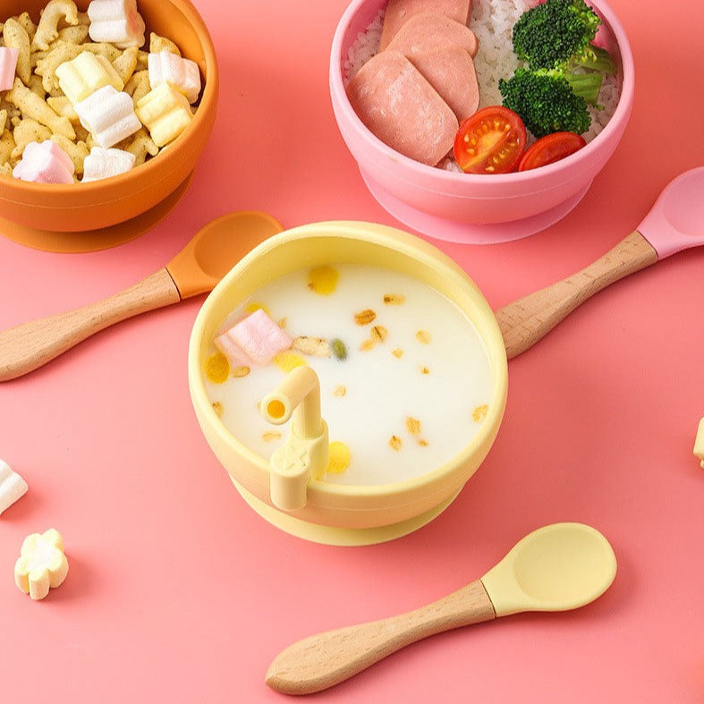 Baby Feeding Wooden Handle Silicone Spoon & Suction Bowl-Mama Toddler-Pink Spoon-Mama Toddler