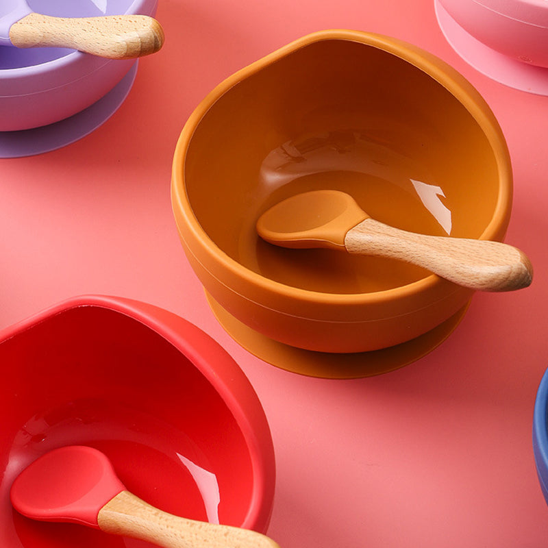 Baby Feeding Wooden Handle Silicone Spoon & Suction Bowl-Mama Toddler-Pink Spoon-Mama Toddler