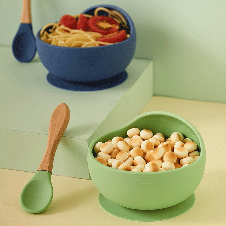 Baby Feeding Wooden Handle Silicone Spoon & Suction Bowl-Mama Toddler-Pink Spoon-Mama Toddler