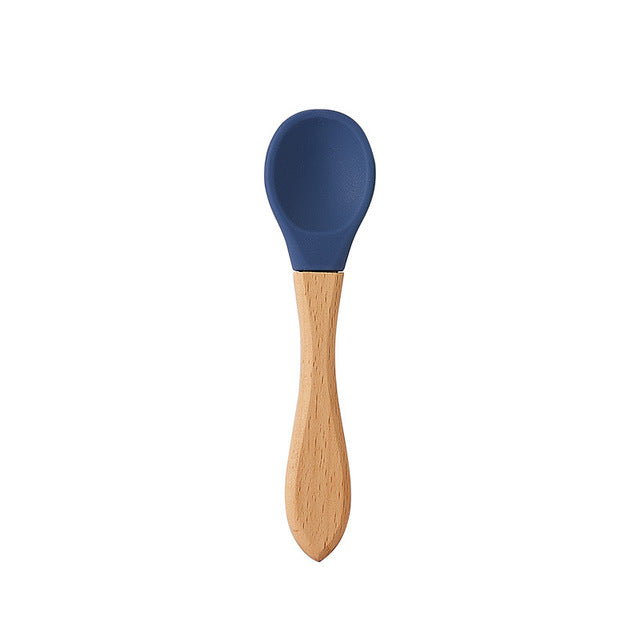 Baby Feeding Wooden Handle Silicone Spoon & Suction Bowl-Mama Toddler-Blue Spoon-Mama Toddler