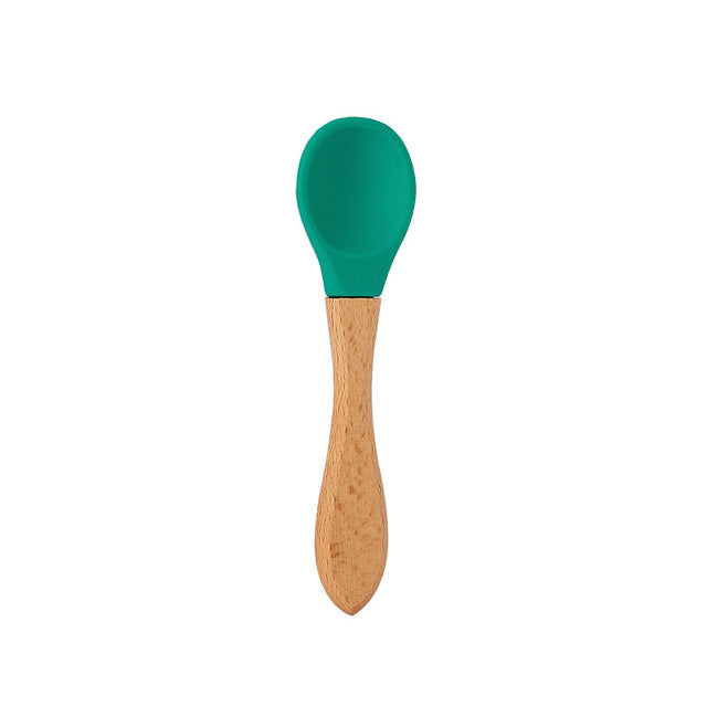 Baby Feeding Wooden Handle Silicone Spoon & Suction Bowl-Mama Toddler-Green Spoon-Mama Toddler