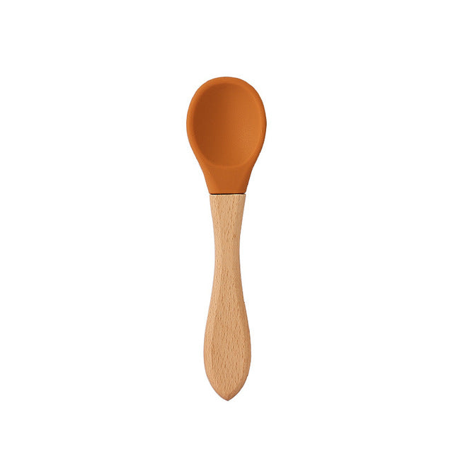 Baby Feeding Wooden Handle Silicone Spoon & Suction Bowl-Mama Toddler-Orange Spoon-Mama Toddler