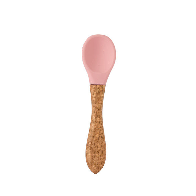 Baby Feeding Wooden Handle Silicone Spoon & Suction Bowl-Mama Toddler-Pink Spoon-Mama Toddler