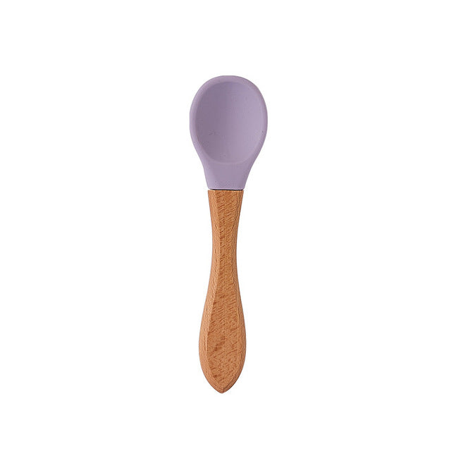 Baby Feeding Wooden Handle Silicone Spoon & Suction Bowl-Mama Toddler-Purple Spoon-Mama Toddler