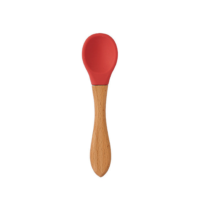 Baby Feeding Wooden Handle Silicone Spoon & Suction Bowl-Mama Toddler-Red Spoon-Mama Toddler