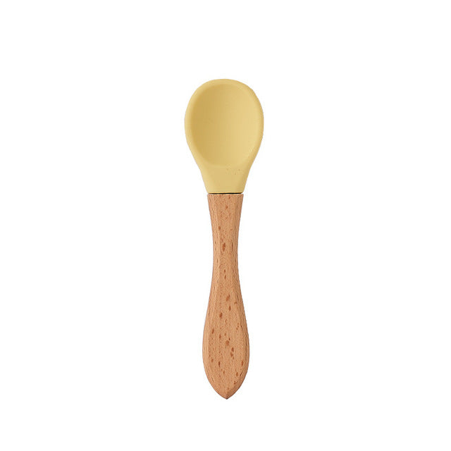 Baby Feeding Wooden Handle Silicone Spoon & Suction Bowl-Mama Toddler-Yellow Spoon-Mama Toddler