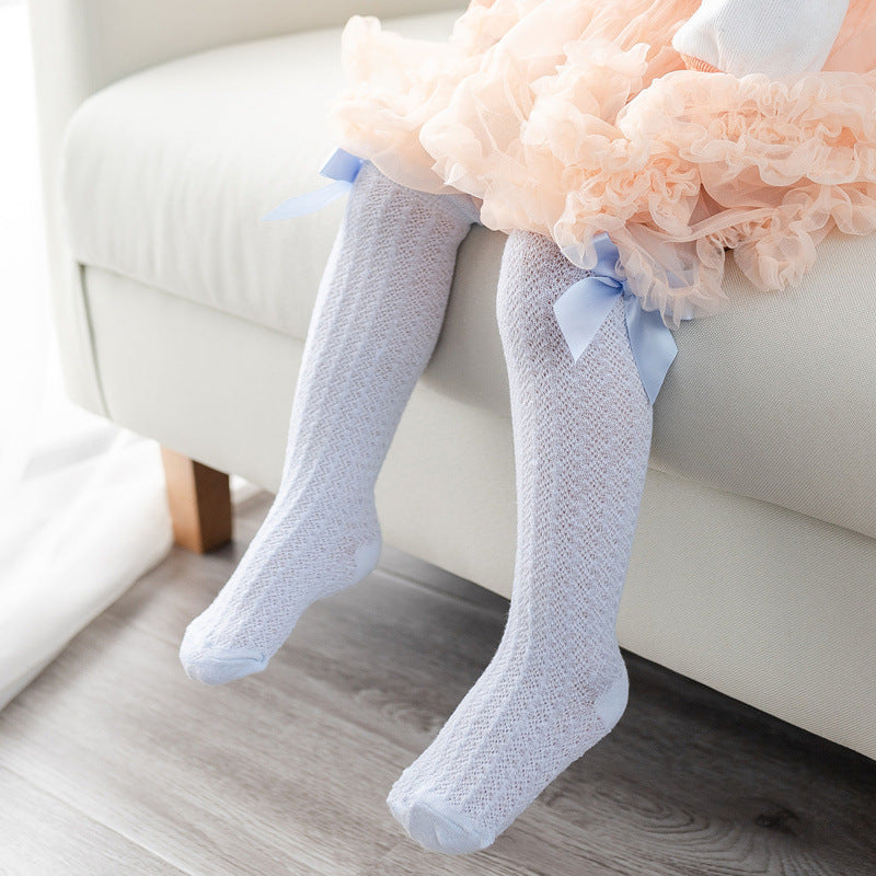 Baby Girl Royal Style Bow Knee High Fishnet Socks For 0-3 Years