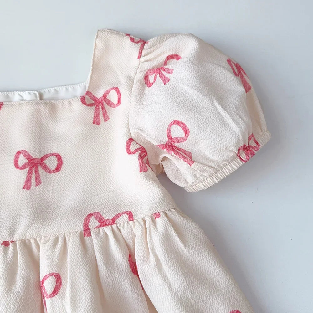 Pink Bow Motif Pattern Short Sleeve Girls Dress-MamaToddler-3 Years-Mama Toddler