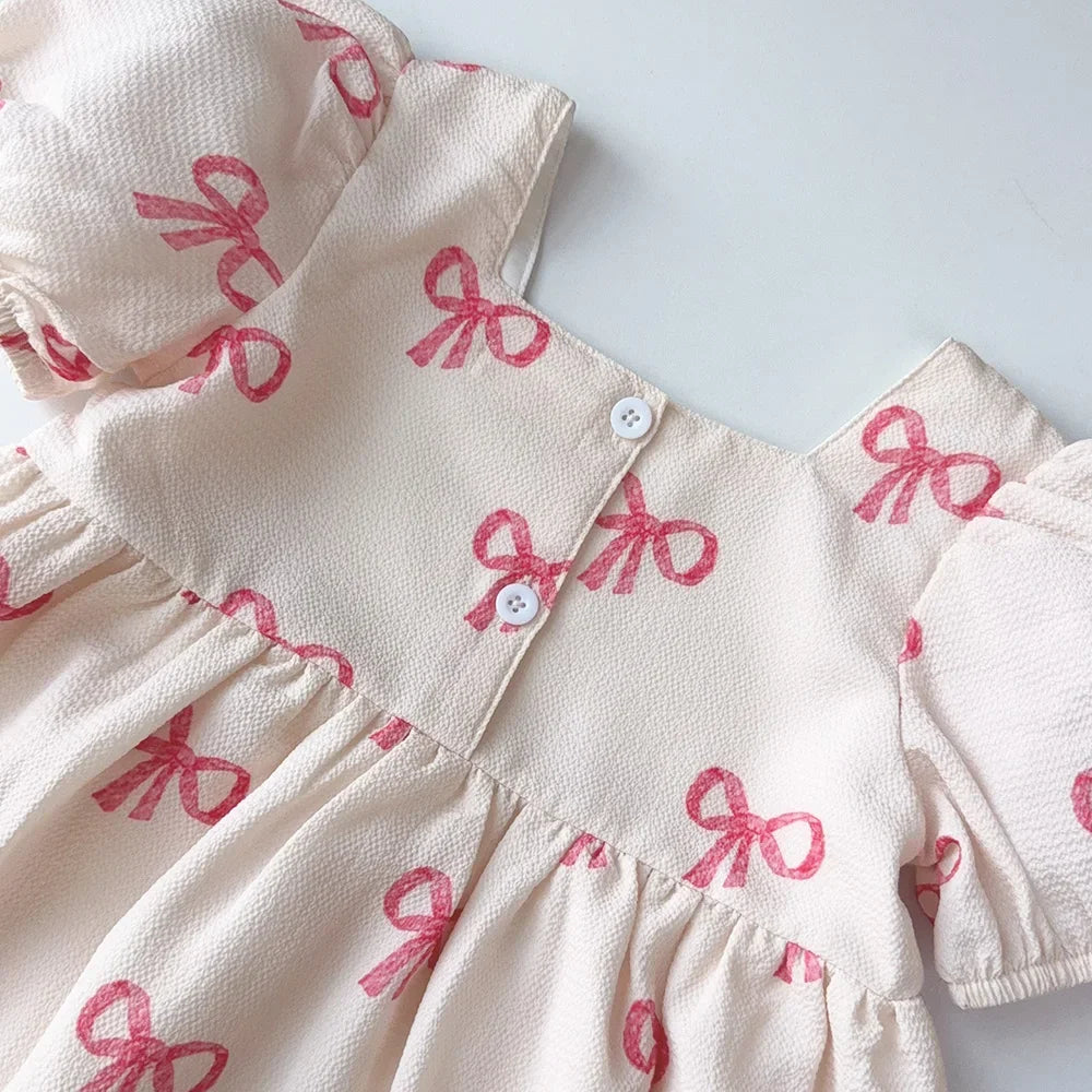 Pink Bow Motif Pattern Short Sleeve Girls Dress-MamaToddler-3 Years-Mama Toddler