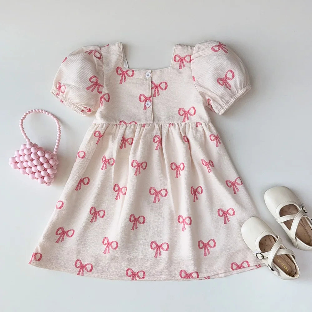 Pink Bow Motif Pattern Short Sleeve Girls Dress-MamaToddler-3 Years-Mama Toddler