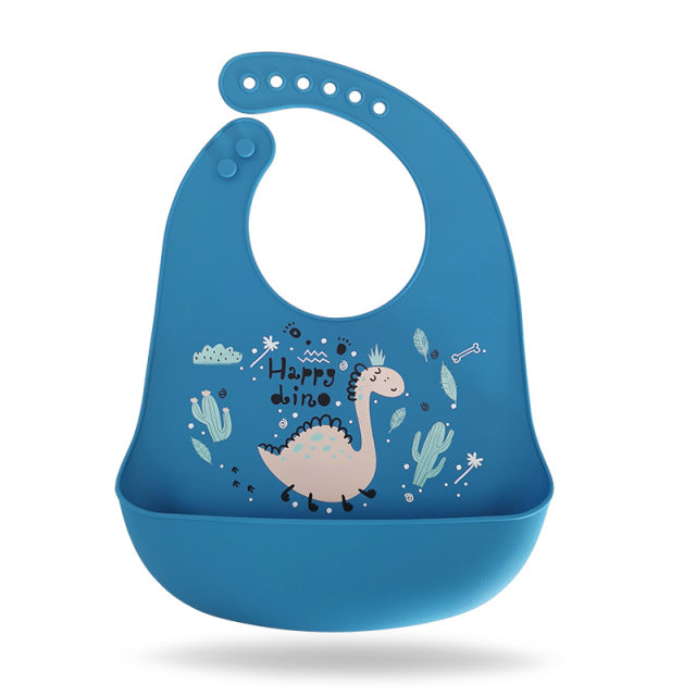 Waterproof Adjustable Cartoon Printed Soft Baby Silicone Bibs-Mama Toddler-Blue Happy Dino-Mama Toddler